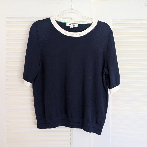 Boden Short Sleeve Emilia Cotton Knit Crew T-Shirt Sweater Navy Ecru Large EUC - Picture 2 of 8